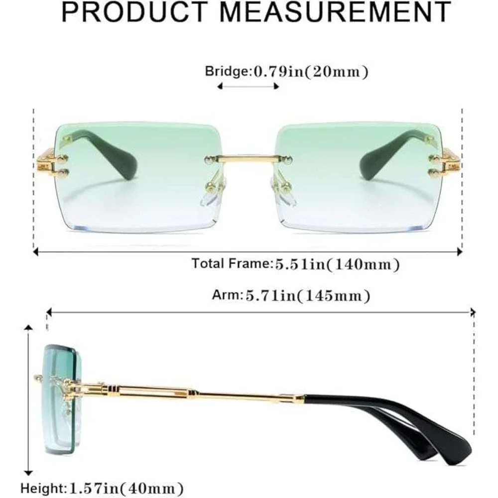 Rimless Rectangle Sunglasses Trendy Fashion Eyewear Lightweight Blue Lens Hiphop